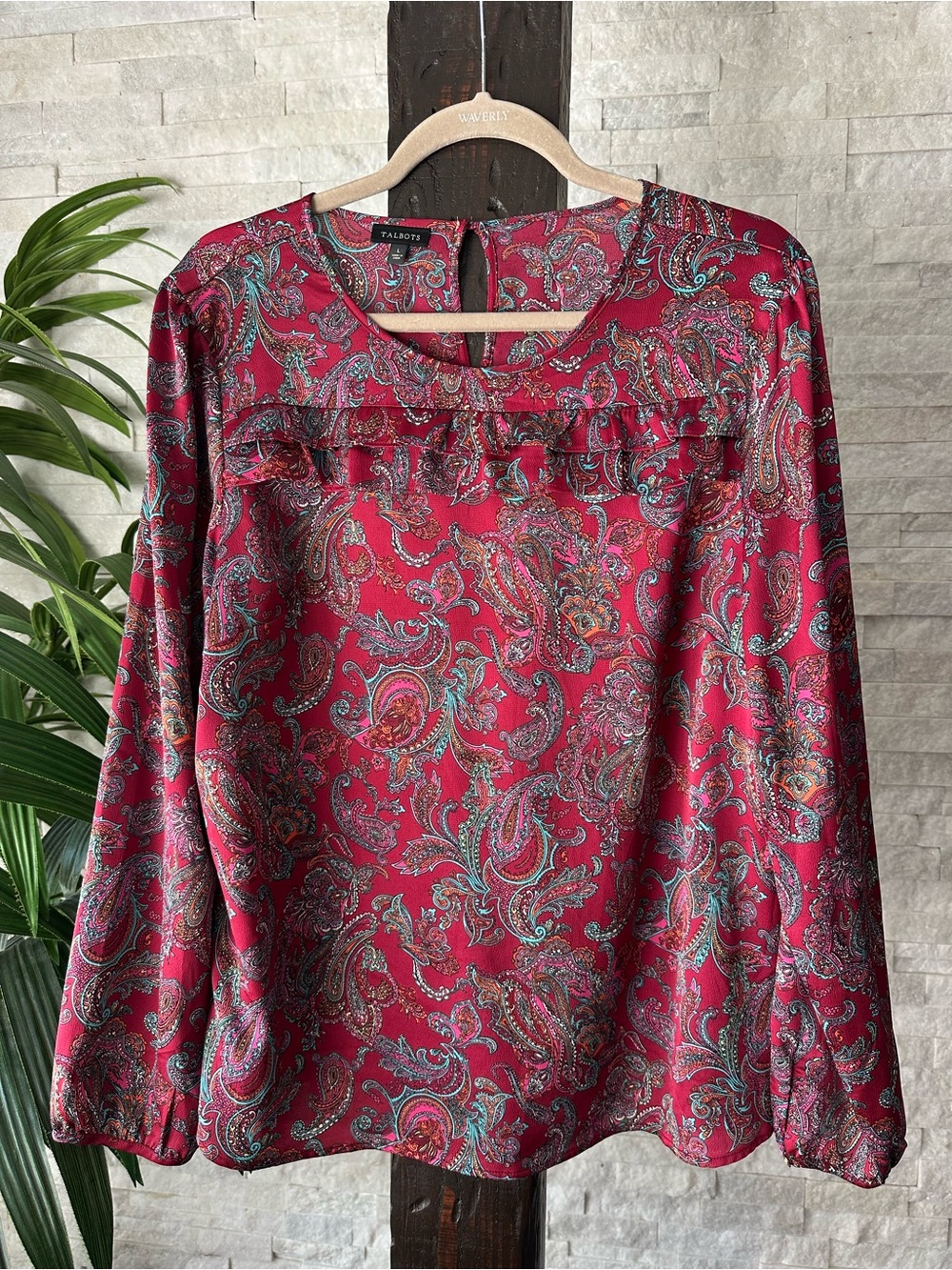 Talbots Multicolor Paisley Ruffle Yoke Blouse Size L